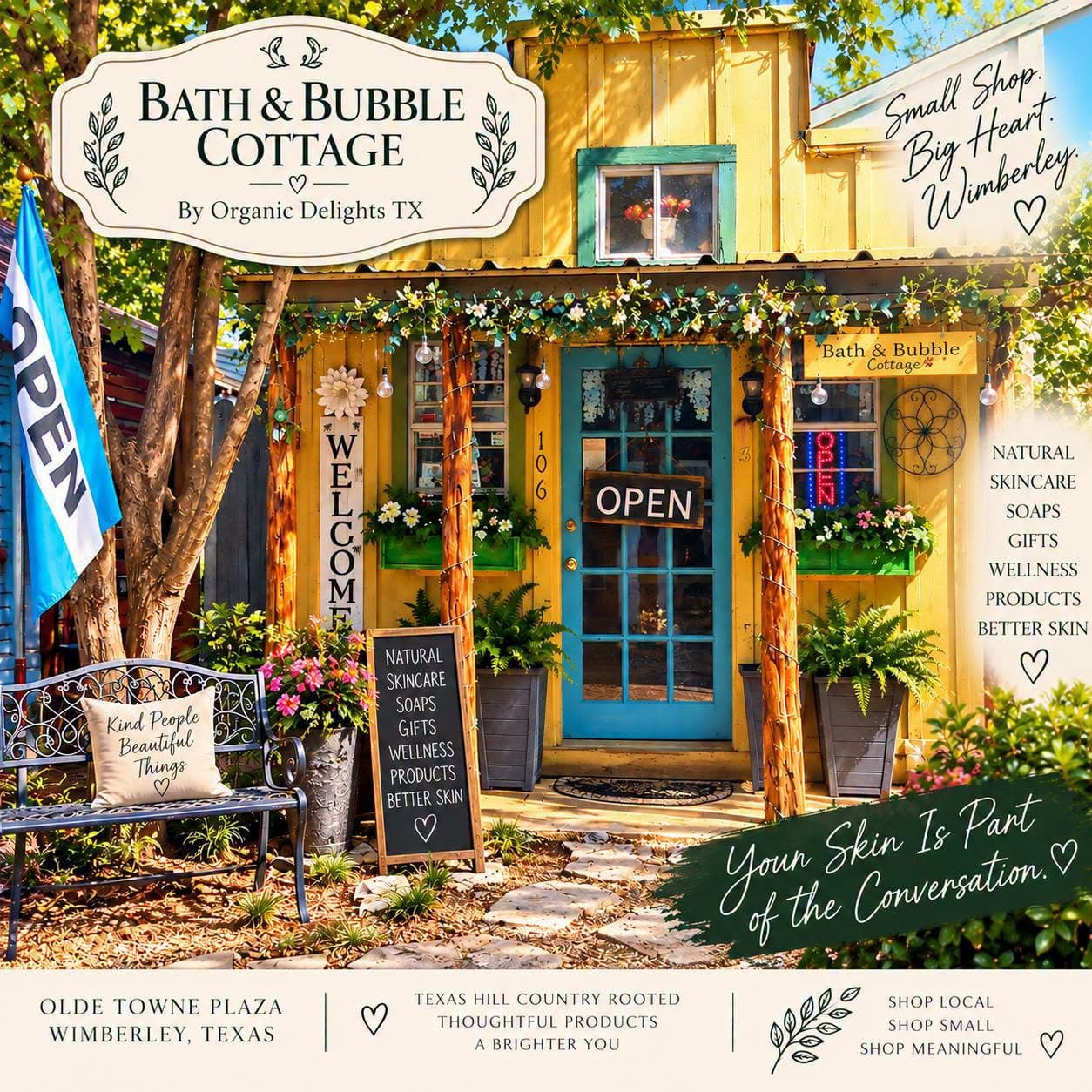Bath and Bubble Cottage storefront in Olde Towne Plaza, Wimberley, with a turquoise door and an Open sign